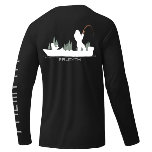 Palmyth Men's Long Sleeve Sun Protection Fishing Shirt UPF 50+ Rash Guard Black Bigfoot Boat XL