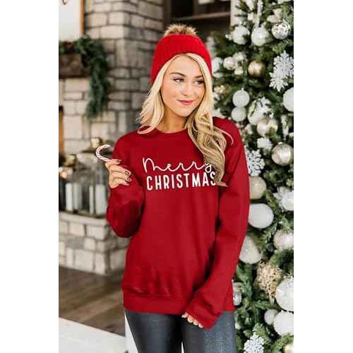 Merry Christmas Sweatshirts Women Classic Merry Letter Print Sweatshirts Xmas Holiday Party Pullover Blouse