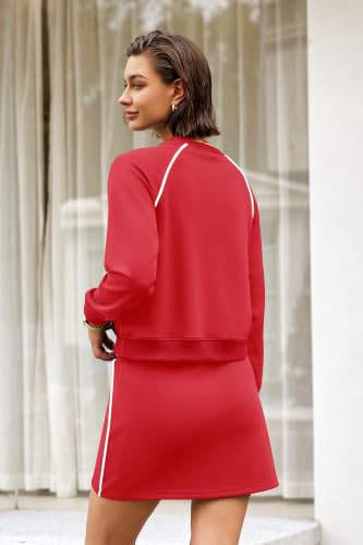 Women's 2 Piece Workout Skort Set - Athletic Tennis Outfits, Crewneck Sweatshirt & Skirt, Medium Red