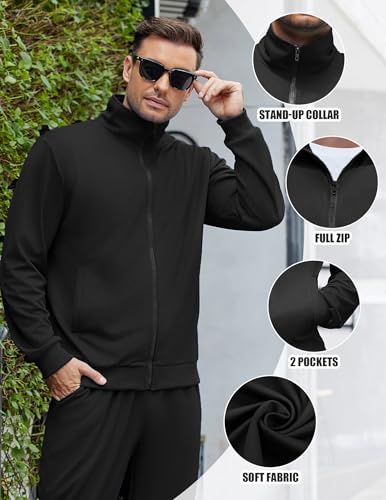 Men's Casual Tracksuit Set - Full Zip Jogging Suit, Large, Black