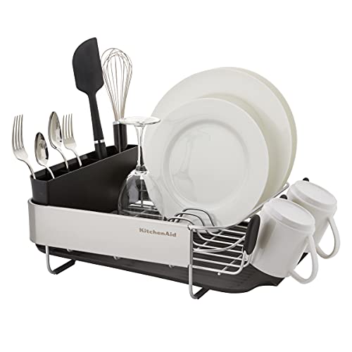 KitchenAid Compact, Space Saving Rust Resistant Dish Rack with Removable Flatware Caddy and Angled Self Draining Drainboard, 16.06-Inch, Black