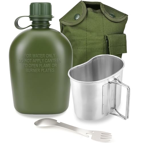 Green Military Canteen Set with Aluminum Cup and Tactical Spork - 1 Quart Water Bottle for Camping Hiking