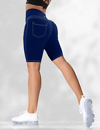 High Waisted Yoga Biker Shorts with Pockets - 8 Inch Inseam, Navy Blue, XX-Large