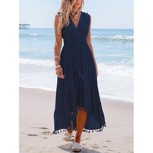 CUPSHE Women's Maxi Dress V Neck Sleeveless Lace Tassel Smocked Waist Cover Up Beach Formal Long Dress