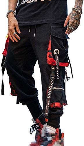 Men's Jogger Pants Cargo Baggy Techwear Hip Hop Streetwear Large Black & Red