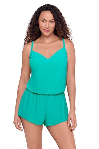 Women's V-Neck Blouson Swim Romper with Pocket - Large Jade