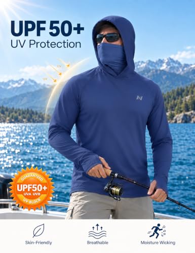 Men's UPF 50+ Sun Hoodie with Face Mask - Large Navy Blue for Fishing