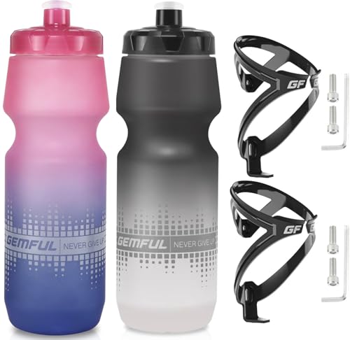 GEMFUL 24oz Bike Water Bottle & Cage Holder Set - Pink Blue & Black White 2 Pack