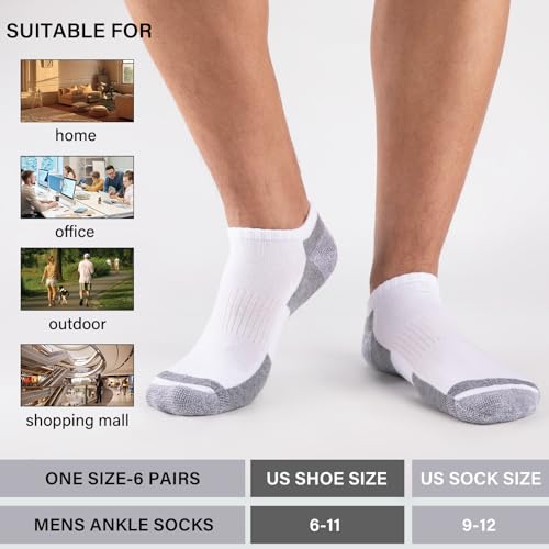 Mens Cushioned Ankle Socks - 12 Pack Low Cut Breathable Casual Socks, White, Size 6-11