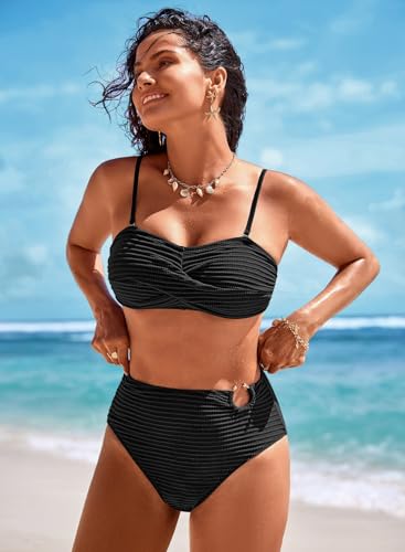 Pink Queen High Waisted Bikini Sets for Women - Medium Black Twist Front Bandeau Swimsuit