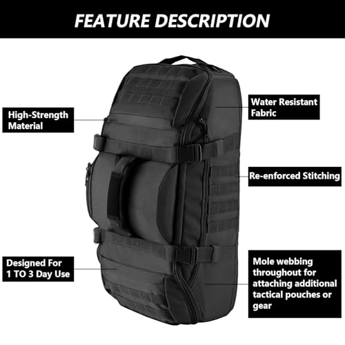 Hannibal Tactical 65L Large Duffle Bag - 3-in-1 MOLLE Backpack for Sports & Outdoor - Black