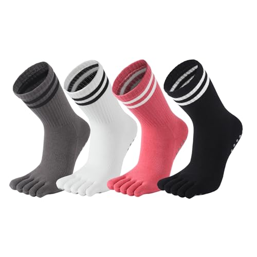 Grippy Yoga Socks for Women - 4 Pairs Black Pink Grey White - Non-Slip Fit