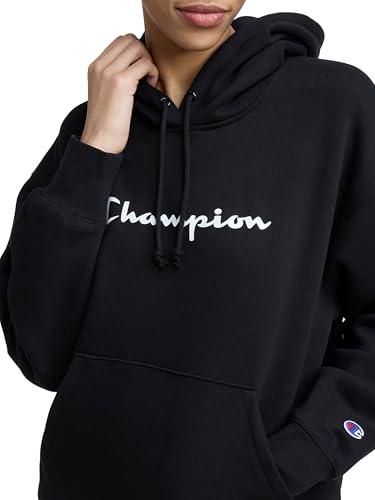 Champion Women's Pullover Fleece Hoodie Large Black Loose Fit Midweight Script Logo