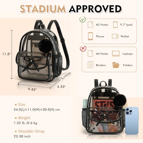 Clear Stadium Backpack 12x12x6 PVC with Leather Trim Black - Women Shoulder Bag
