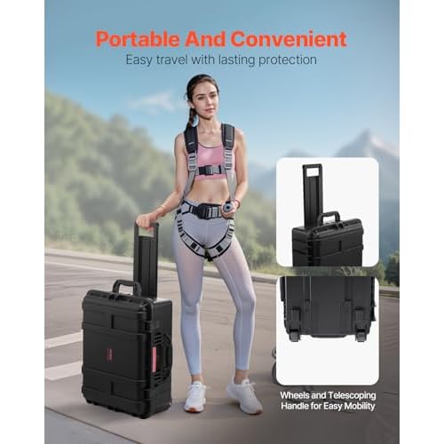 VEVOR Weatherproof Hard Case, Heavy Duty Protective Dry Box with Pre-Cut Foam, Wheels & Retractable Pull Handles for Travel, Hunt, Military, Tactical, IP67 Waterproof Case for Cameras(57x45x28)