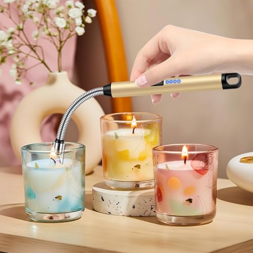 Electric Candle Lighter Set - Windproof USB Rechargeable Plasma Flameless with LED Battery Display - Black, Silver, Gold