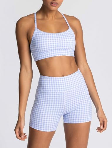 Gingham Blue Workout Sets for Women 2 Piece Sports Bra & High Waist Shorts - Medium