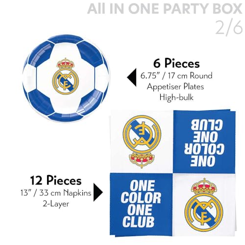 Real Madrid Soccer Team Party Supply Set - 77 Pieces for 6 Fans, White, Birthday & Match Day Decorations