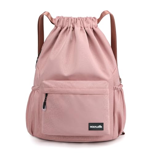 Pink Drawstring Backpack Sports Gym Bag Water Resistant Cinch Sack with Side Zipper Pocket