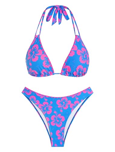Women's Floral Bikini Swimsuit with Halter & Dual Straps - Purple, Medium