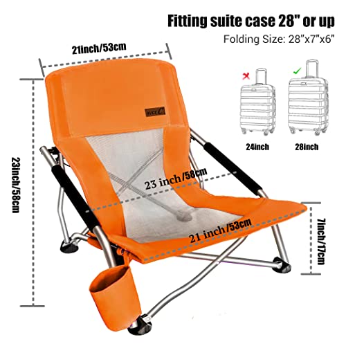 Portable Low Beach Folding Chair with Cup Holder - Orange, Comfortable & Durable
