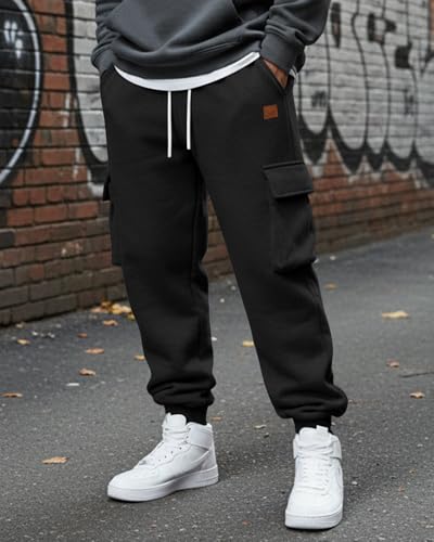 Men's Black Large Fleece Cargo Sweatpants - Cotton Tapered Joggers for Casual & Workout