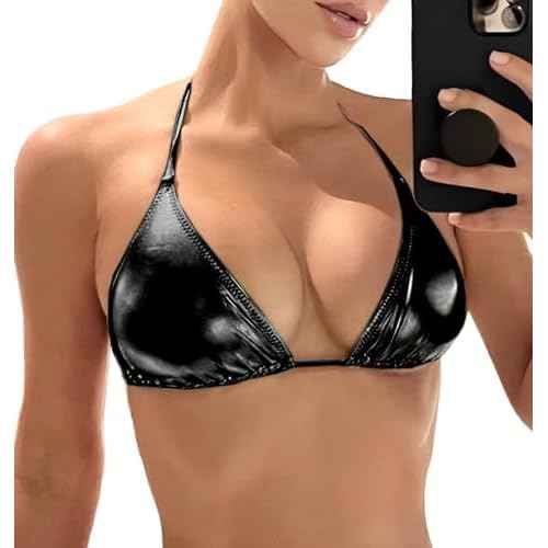 Women's Metallic Bikini Top - Halter Shiny Triangle Bralette Rave Tops Tie Side Swimsuit Bra