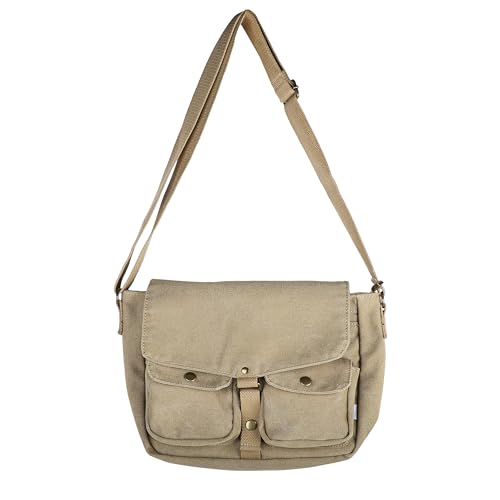 Khaki School Canvas Messenger Bag - Crossbody Vintage Satchel for Students