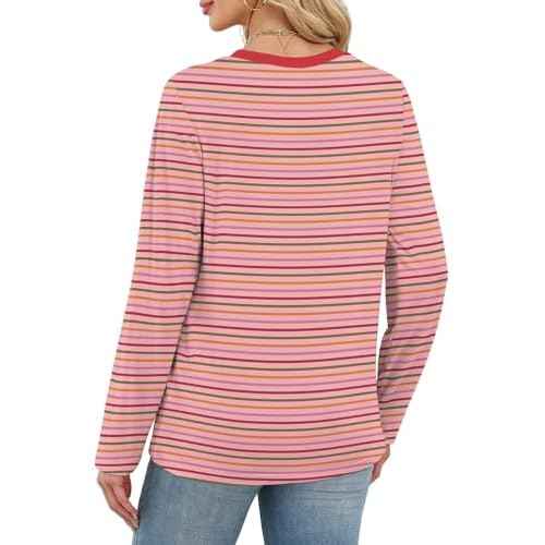 WIHOLL Womens Striped Long Sleeve Shirts Fall Outfits 2025 Color Block Tops Fashion Clothing Ribbed Crewneck Tee Blouses