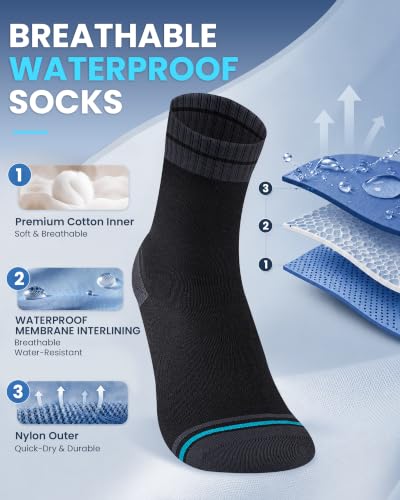 Men's Waterproof Hiking Socks - Large Black & Grey Crew Socks