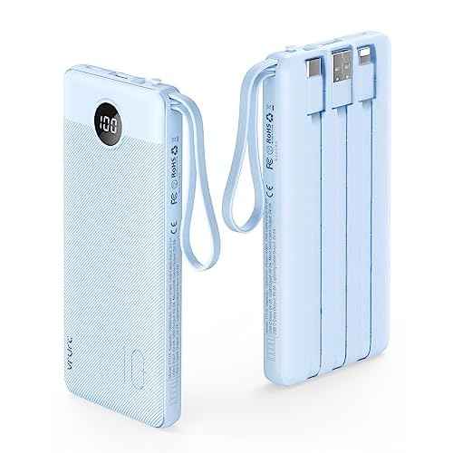 VRURC 10000mAh Power Bank Built-in Cables, Portable Charger with LED Display, Slim Travel Battery Pack with Cords, 5 Output Dual Input Phone Charger for Cell Phone Smart Devcies-Blue(1 Pack)
