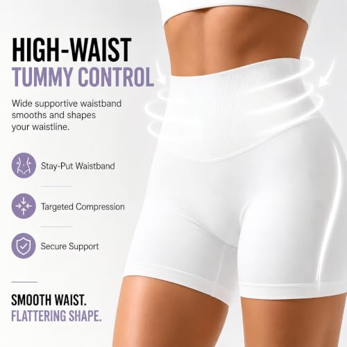 Women's High Waisted Workout Shorts with Scrunch Butt and Tummy Control - Medium White