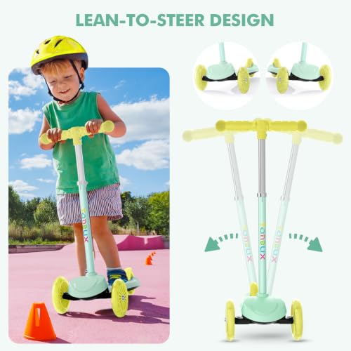 Kids Scooter with Light-Up Wheels - Mint, Adjustable 4-Level Height, 3-Wheel Toddler Scooter, Lean-to-Steer Design