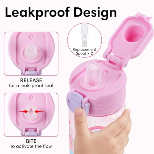 Kids Water Bottle with Bite & Sip Straw - Rainbow Unicorn Set - Pink & Purple