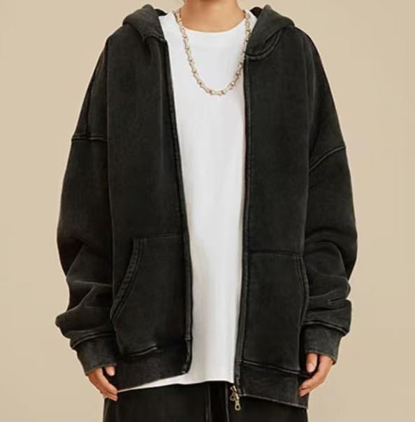Men's Zip-Up Hoodie Large Black Solid Oversized Hip-Hop Casual Sweatshirt