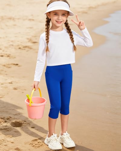 Girls High Waist Athletic Capri Pants with Pockets - Royal Blue, 11-12 Years - Workout Yoga Leggings
