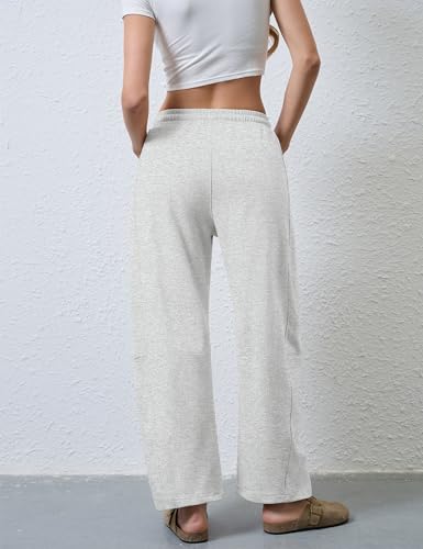 Women's Wide Leg Pants with Pockets - Elastic Waist Casual Sweatpants - Medium White