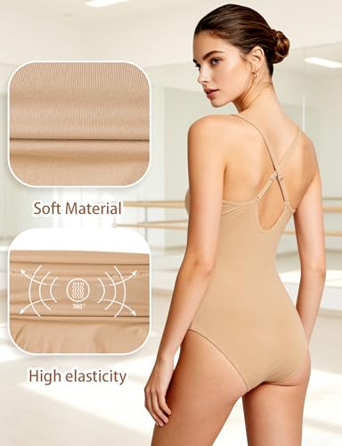 Women's Nude Seamless Camisole Leotard with Clear Straps - S-M