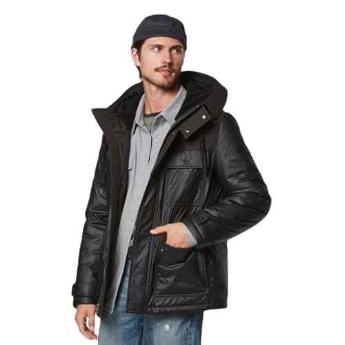 Andrew Marc mens Short Fabric Blocked Parka With a Sherpa Lined Hood Harrigan Hooded Cuff Tab With Adjustable Snap