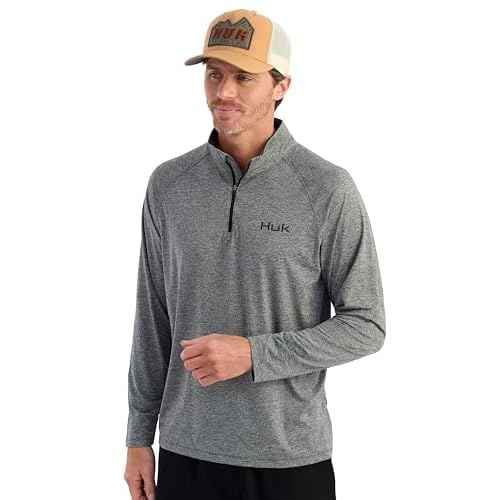 HUK Mens Airweight 1/4 Zip, Lightweight Performance Long Sleeve Pullover with UPF Sun Protection, Volcanic Ash Heather, 3X-Large