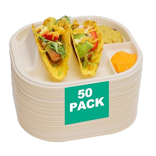 Disposable Taco Plates Set 50 Pack with 2 Slots & 2 Sides - Biodegradable Cornstarch, Microwave Safe