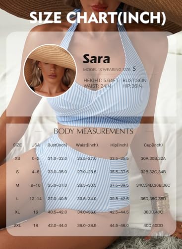 Herseas Women's High-Waisted 2-Piece Stripe Bikini Set - X-Large Dusty Blue