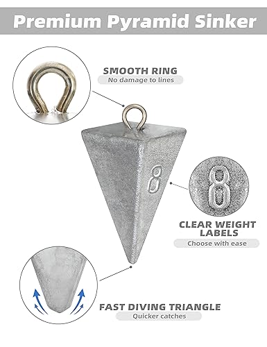 BLUEWING 2oz Pyramid Lead Fishing Sinkers - Saltwater & Freshwater Use, 7 Pack