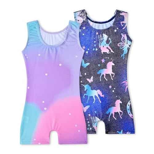 Gymnastics Leotards for Girls 2 Pack Sparkly Kids Biketards Dance Unitards Matching Hair Scrunchies
