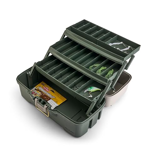 Fishing Tackle Box with Deep Storage and Top-Access Trays - Tan/Green, Rust-Proof Brass Latch, Portable Organizer - Bass Variation