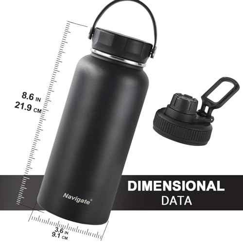 Navigate 32 oz Insulated Stainless Steel Sports Water Bottle with Spout & Handle Lids,Wide Mouth Water Jug with Double Walled Leak Proof Keep Cold for 24 Hrs Hot for 12 Hrs,Black