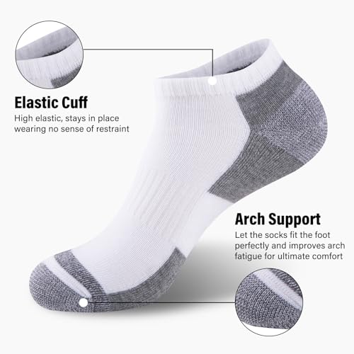 Mens Cushioned Ankle Socks - 12 Pack Low Cut Breathable Casual Socks, White, Size 6-11