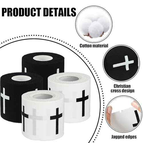 4 Pcs Christian Athletic Tapes Religious Sport Tape with Cross White Black Bible Verse Wrist Tapes Cross Athletic Wrist Tape for Sports Gymnastics Tennis Boxing Athlete First Aid Injury Wrap, 2inx23ft
