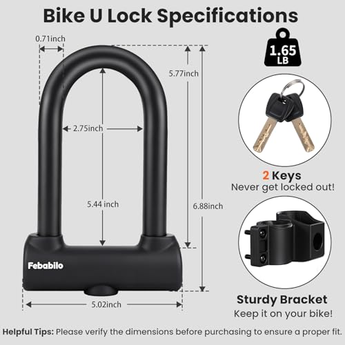 Heavy Duty Bike Lock with 18mm Shackle - Medium U Lock with Keys & Mounting Bracket