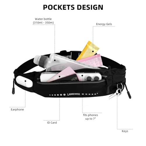 LAIMEIWEE Water-Resistant Running Belt Black - Lightweight Waist Pack for Men & Women with 4-Zone Organization, Reflective Strips